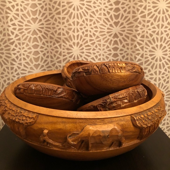 Other - RARE Vintage Large Wooden Carved Salad Bowl Set